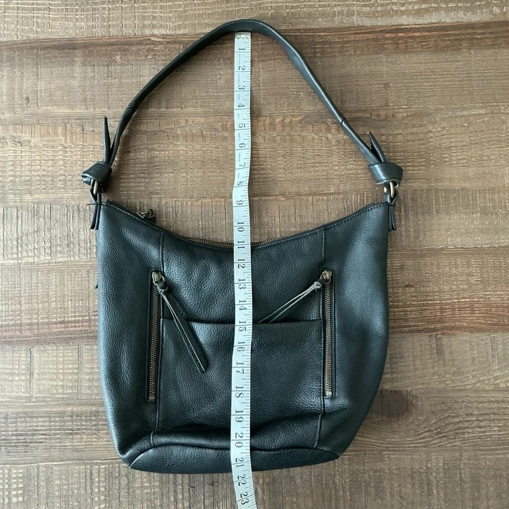 Elliot Lucca Black Leather Raw Edges Front Zippers Tie Handle Shoulder Bag Purse